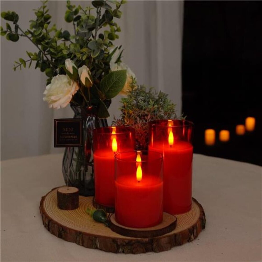 Red Glass Flameless Candles Battery Operated with Timer, Remote Control, LED - Picture 1 of 12